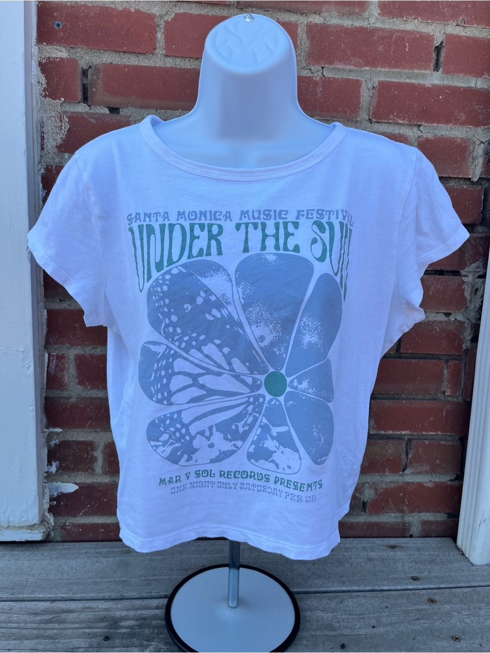 Hollister Under The Sun Crop Graphic Tee - White with Green & Gray Print